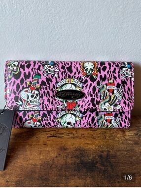 Ed Hardy Pink Tattoo-Inspired Skeleton Women’s Long Wallet Fold Out NWT